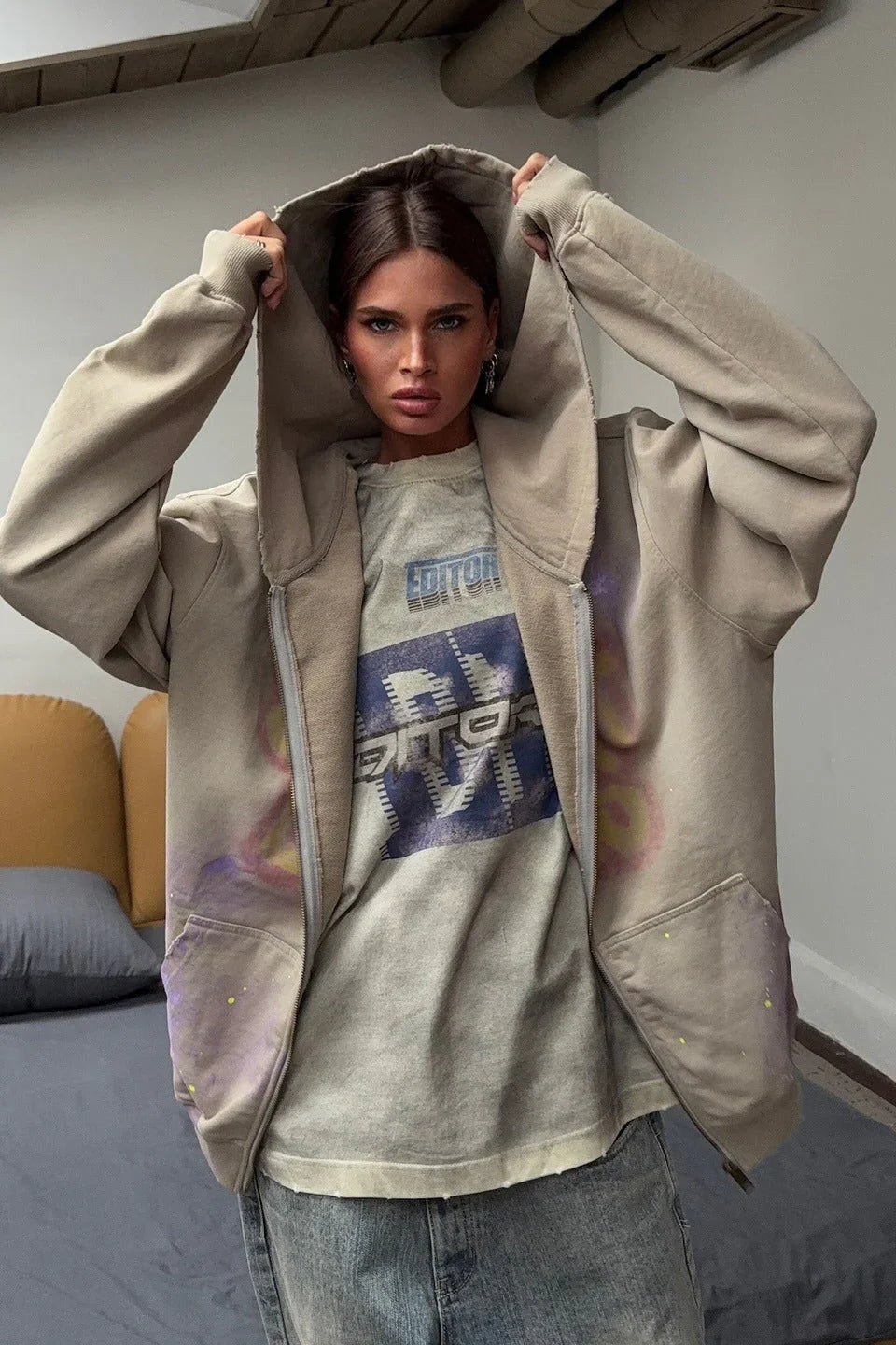 Vintage Street Style Zip Up Hoodie - BLACK CARTA