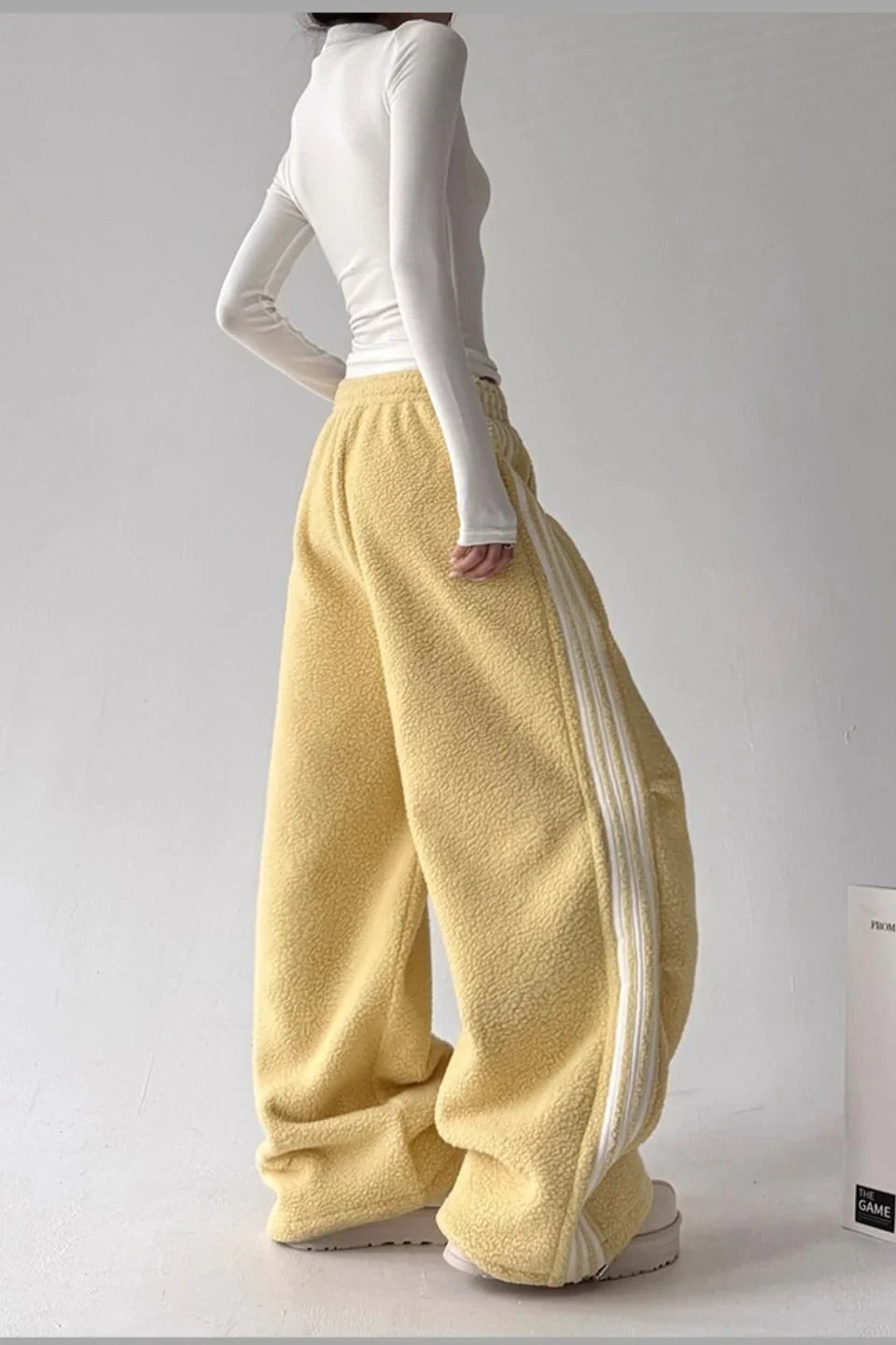 Sporty Plush Wide-Leg Striped Pants