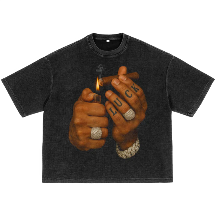 Light Up Pack Waffle-Texture Washed Boxy T-Shirt Unisex Graphic Smoke - BLACK CARTA VIP