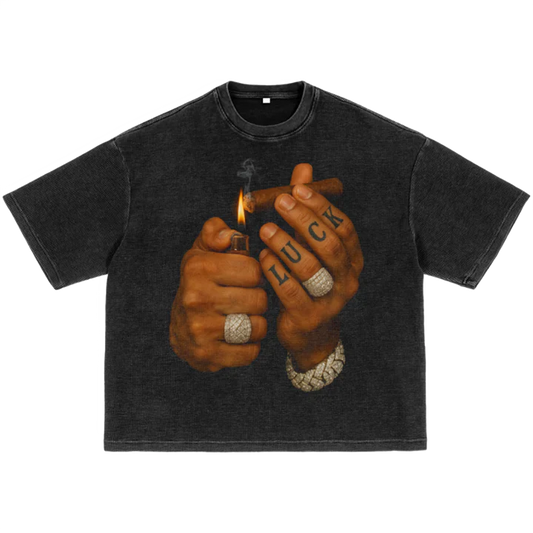 Light Up Pack Waffle-Texture Washed Boxy T-Shirt Unisex Graphic Smoke - BLACK CARTA