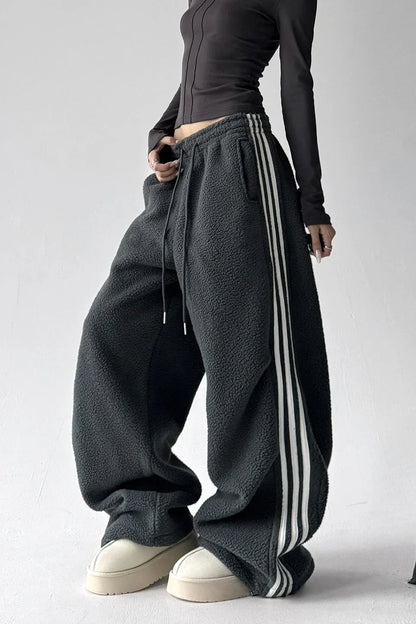 Sporty Plush Wide-Leg Striped Pants
