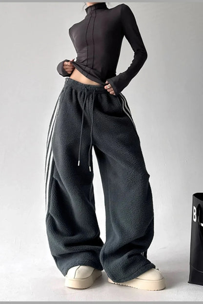 Sporty Plush Wide-Leg Striped Pants
