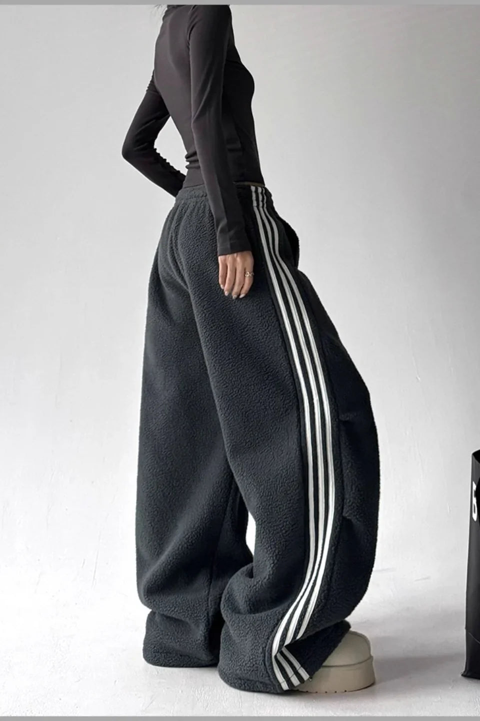Sporty Plush Wide-Leg Striped Pants