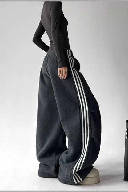 Sporty Plush Wide-Leg Striped Pants