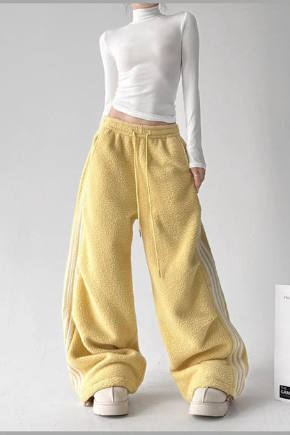 Sporty Plush Wide-Leg Striped Pants