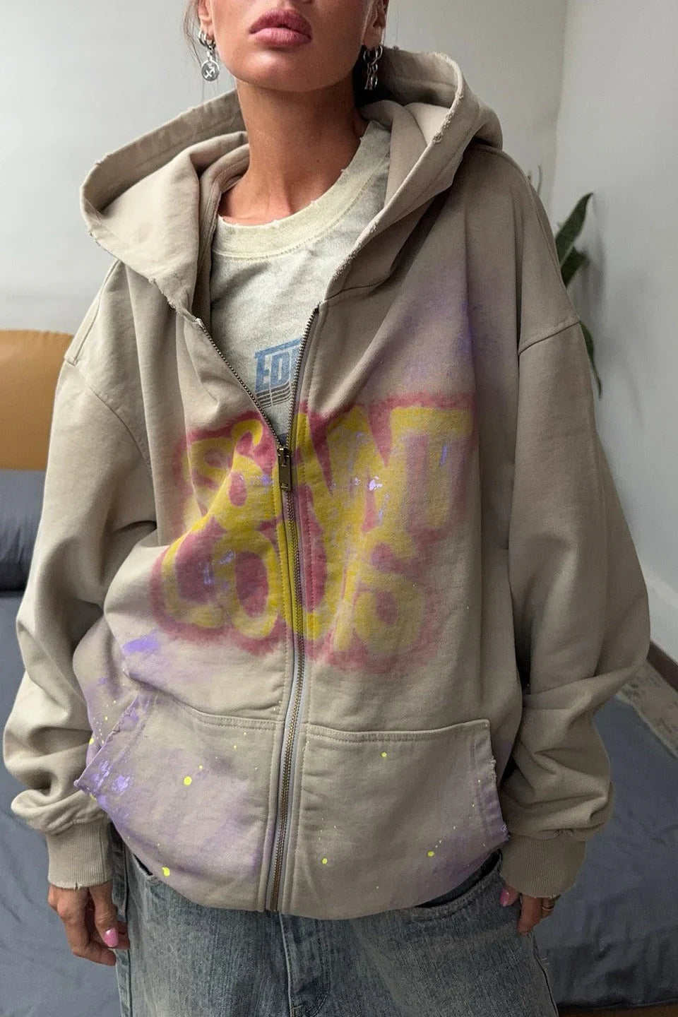 Vintage Street Style Zip Up Hoodie - BLACK CARTA