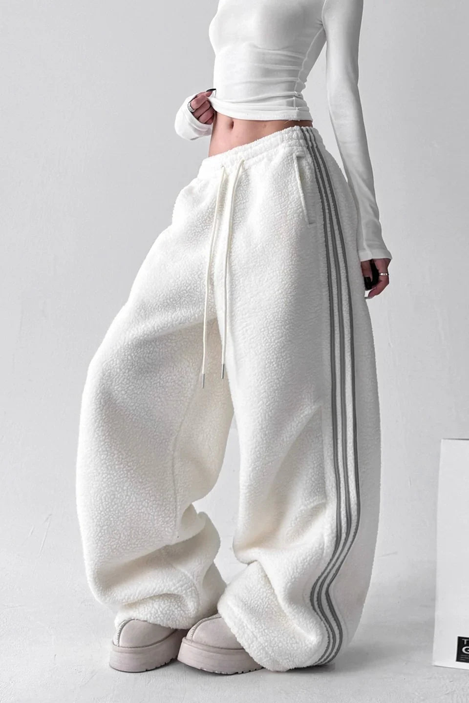 Sporty Plush Wide-Leg Striped Pants