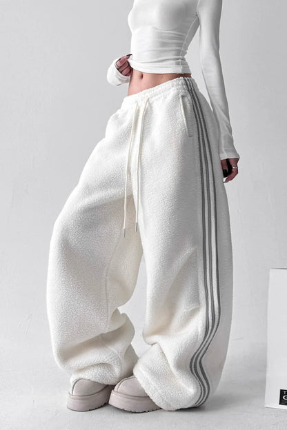 Sporty Plush Wide-Leg Striped Pants