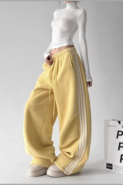 Sporty Plush Wide-Leg Striped Pants