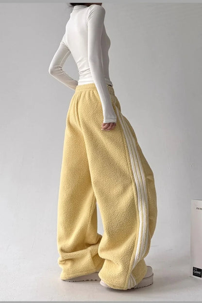 Sporty Plush Wide-Leg Striped Pants